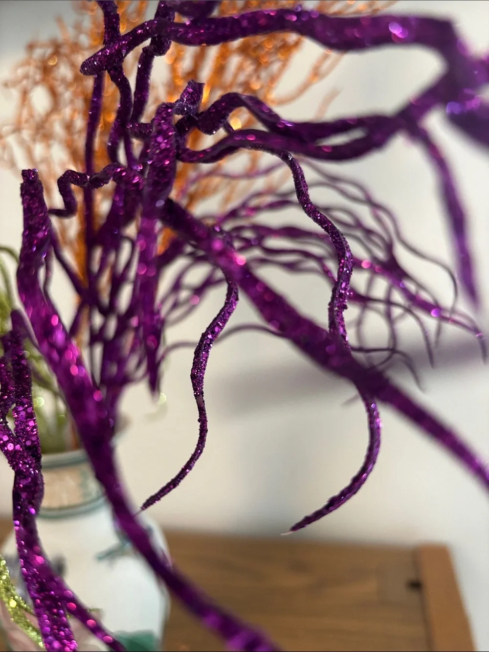 Decorative Glitter Branches in Orange, Green, and Purple - Home Accents